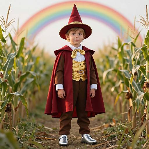 Photograph of a young boy in a wizard costume with a red cape, golden vest, and pointed hat, standing in a cornfield with a rainbow