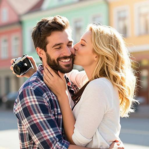 Photograph of a smiling bearded man in a plaid shirt, kissed on the cheek by a blonde woman in a white top, holding a camera