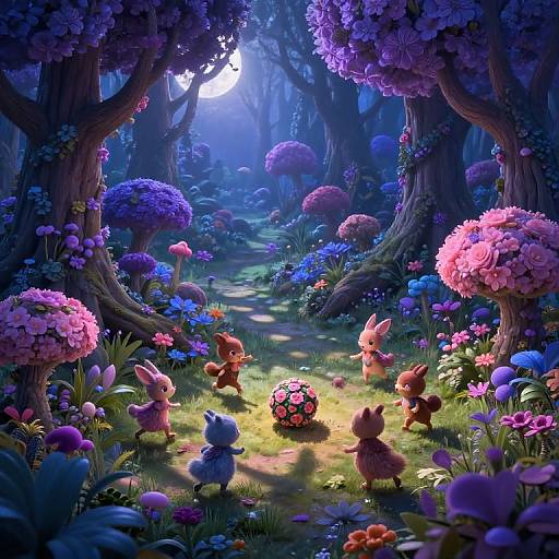 Whimsical digital painting of a magical forest at twilight, featuring six cute, rabbit-like creatures surrounding a glowing, patterned orb amidst vibrant, colorful