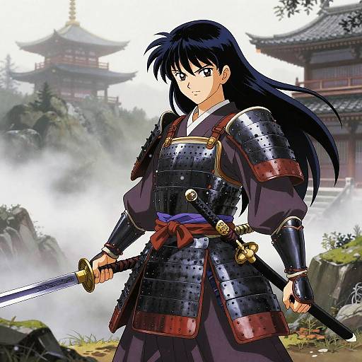 Anime-style illustration of a black-haired samurai woman in armor, holding a sword, standing in a misty, traditional Japanese temple garden.