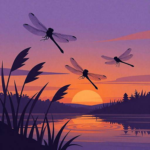 Stylized Dragonflies in Sunset Marsh