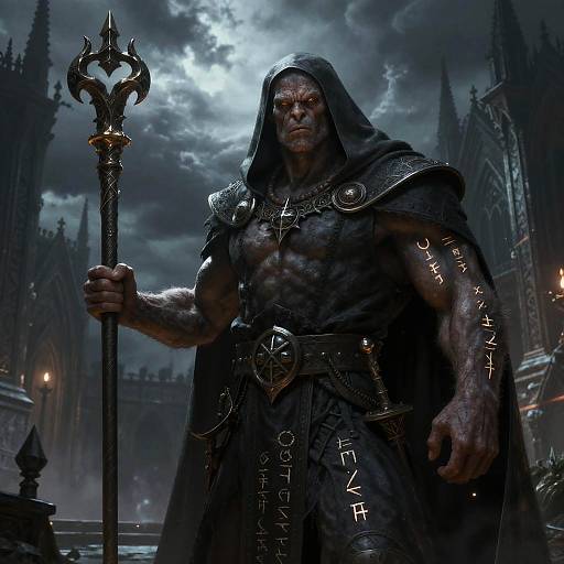 Dark, muscular sorcerer with glowing eyes, holding a staff, in a gothic cathedral under a stormy moonlit sky. (Digital Art)
