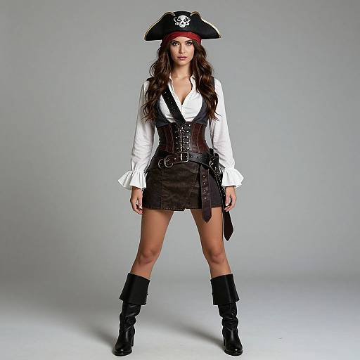 Photograph of a young woman in a pirate costume: black tricorn hat with skull emblem, white shirt, brown vest, black skirt, corset
