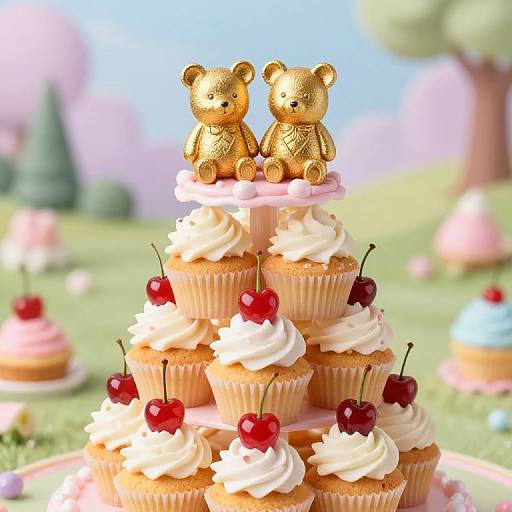 Whimsical Cupcake Tower with Golden Bears