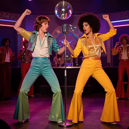 Photograph of two dancing performers in retro outfits: one in teal and green, the other in yellow and gold, under a sparkling disco ball.