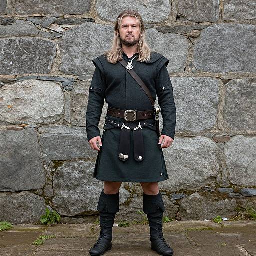 Photograph of a bearded man with long blonde hair, wearing a black medieval-style kilt, jacket, and boots, standing against a gray stone