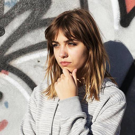 Photograph of a young woman with light brown hair, wearing a grey hoodie, standing against a graffiti-covered wall, sunlight casting shadows.