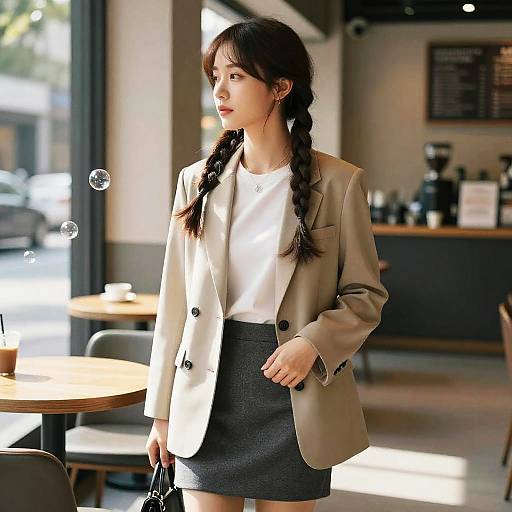 Photograph of an East Asian woman with long braided hair, wearing a beige blazer, white top, and black skirt, standing in a sun