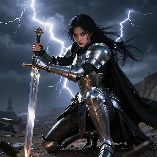 Digital art of a fierce, dark-haired woman in shiny silver armor holding a glowing sword, kneeling amid a stormy sky with lightning.