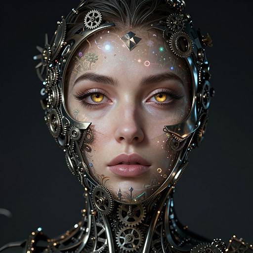 Digital artwork of a woman with glowing yellow eyes, surrounded by intricate metallic gears and circuitry on her face, set against a dark background. Cyborg