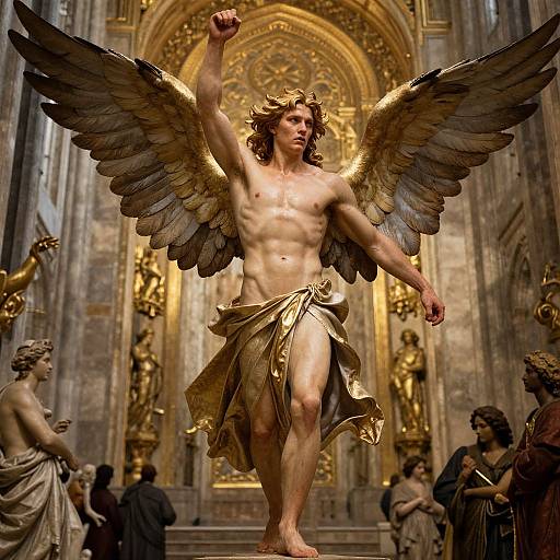 Photograph of a muscular, winged, golden angel statue with a raised arm, in a grand, ornate church interior, surrounded by classical marble