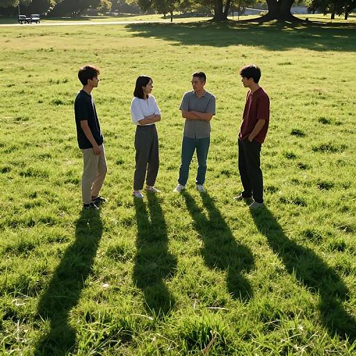 Photograph of four Asian people standing on sunlit grass, casting long shadows, engaged in conversation in a park.