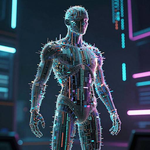 CGI image of a glowing, neon-spiked humanoid figure standing in a futuristic, neon-lit environment with colorful LED lights.