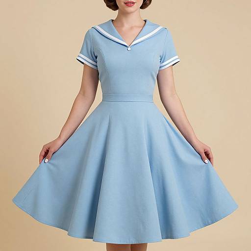 Photograph of a woman in a light blue 1950s-style dress with white trim, short sleeves, and a full skirt, standing against a