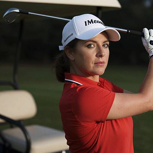 Photograph of a focused female golfer with light skin, brown hair, and blue eyes, wearing a red shirt, white cap, and white glove