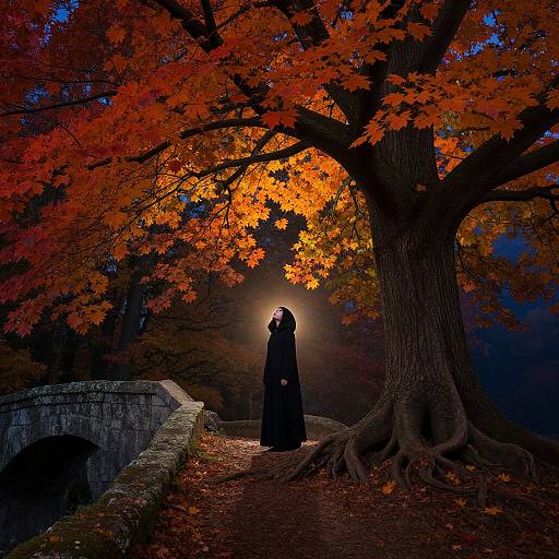 Photograph of a cloaked figure standing under a large tree with vivid orange autumn leaves, illuminated by sunlight, near a stone bridge.