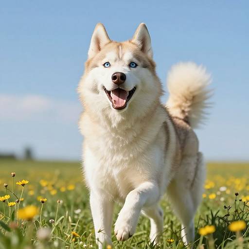 Photograph of a happy, fluffy Siberian Husky with blue eyes, standing in a sunny field of yellow wildflowers, tail raised, clear blue