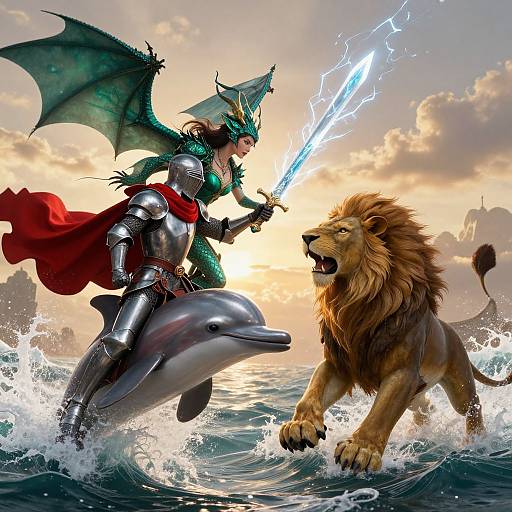 Digital fantasy artwork: armored dragon knight with green wings and red cape, holding lightning sword, battles fierce lion on dolphin, ocean waves, sunset sky.