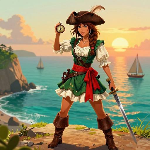 Vibrant Female Pirate on Coastal Cliff