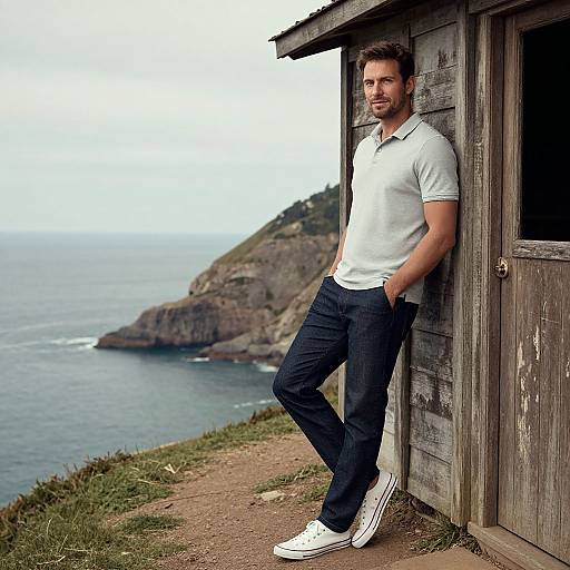 Photograph of a handsome, bearded man in white polo, dark jeans, and white sneakers, leaning against a rustic wooden cabin by a coastal cliff