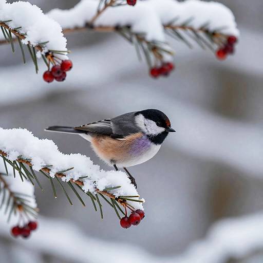 Lavender-Gray Bird in Snowy Pine Branch
