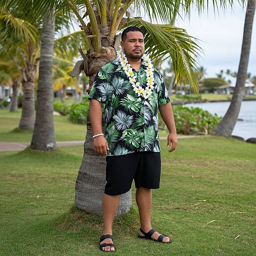 Photograph of a muscular, tan-skinned man with short black hair, wearing a black Hawaiian shirt with green palm leaves, black shorts, flip-f