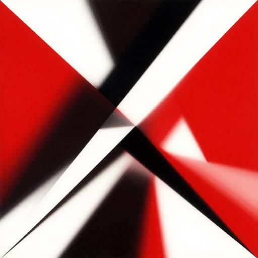 Abstract digital artwork featuring intersecting black, white, and red geometric shapes in a cross-like pattern, creating a dynamic, high-contrast design.