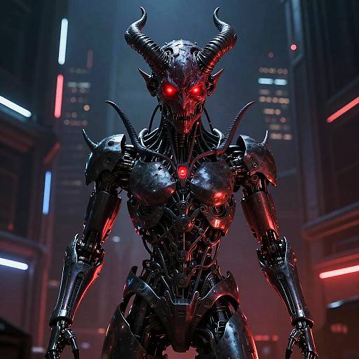 Cybernetic Demon in Futuristic Cityscape