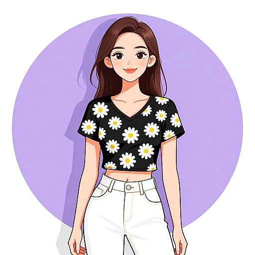 Digital anime-style drawing of a smiling young woman with long brown hair, wearing a black daisy crop top and white high-waisted pants, against