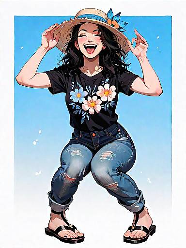 Happy Woman in Bohemian Casual Outfit