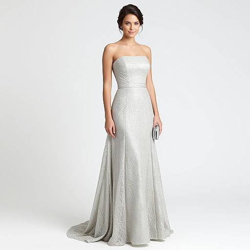 Photograph of a dark-haired woman in a strapless, silver, textured, floor-length gown, standing against a plain white background.