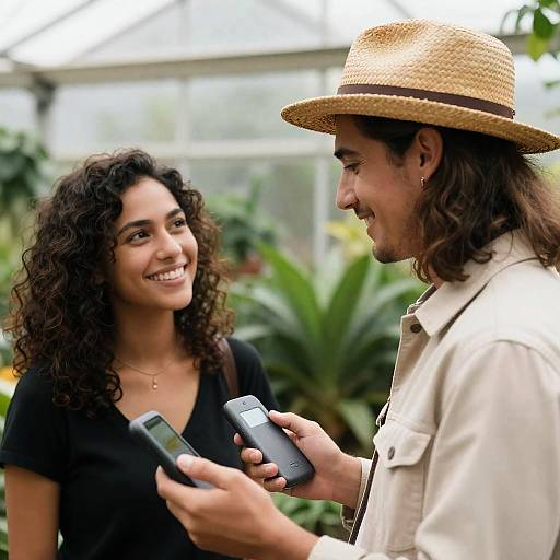 Couple in Greenhouse with Handheld Devices