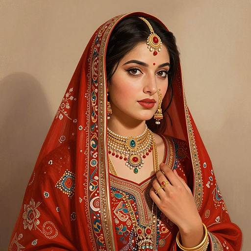 Photograph of a South Asian woman in a rich red bridal saree with gold and green embroidery, wearing intricate jewelry and a maang tikka,