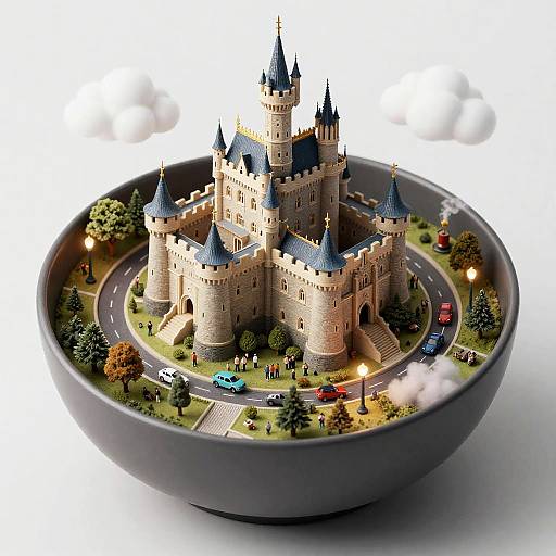 Photograph of a detailed LEGO castle with multiple towers, surrounded by a round road, cars, trees, and tiny people, all displayed in a dark