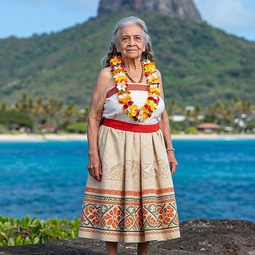 Photograph of elderly woman with gray hair, wearing white floral top and beige skirt with red and orange patterns, adorned with yellow and orange flower lei,