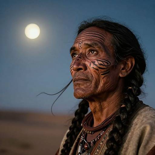 Photograph of an elderly Indigenous man with dark skin, braided hair, tribal face paint, wearing traditional clothing, under a bright moonlit sky.