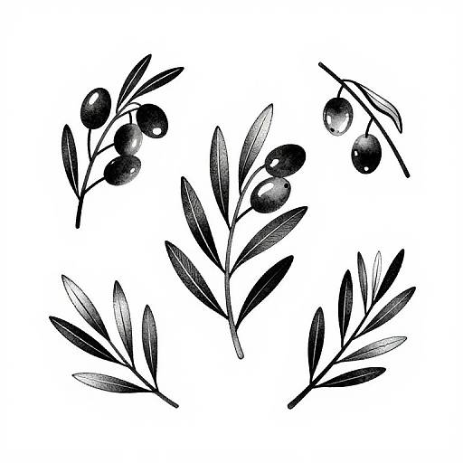 Black and white botanical illustration of olive branches with glossy berries and elongated leaves, arranged in a scattered pattern on a white background.