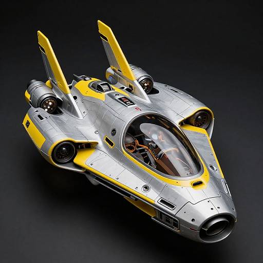 Photorealistic CGI of a sleek, silver and yellow futuristic spaceship with two yellow wing-like structures, cockpit canopy, and dual engines, floating against a