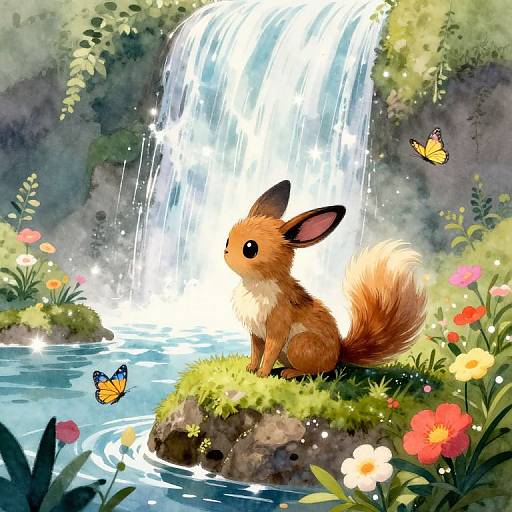 Whimsical digital painting of a fluffy, brown Eevee with large ears, sitting by a cascading waterfall surrounded by vibrant flowers and butterflies.