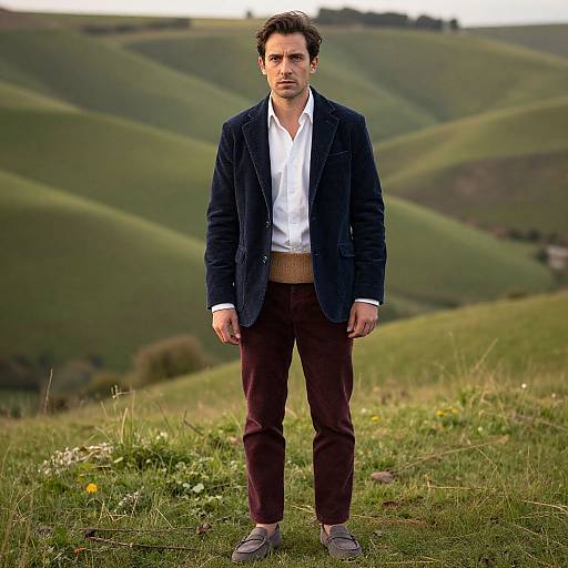 Photograph of a serious, dark-haired man in a navy blazer, white shirt, brown pants, and tan belt, standing on a grassy