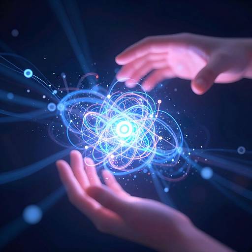 Digital artwork of glowing blue, interconnected energy spheres hovering between two illuminated hands against a dark blue, starry background.