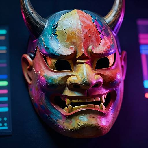 Vibrant, neon-colored, cracked, demonic mask with horns, sharp teeth, and fierce expression against a dark, futuristic background with glowing panels.