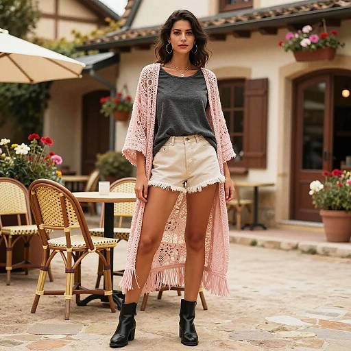 Photograph of a young woman with dark hair, wearing a pink lace cardigan, gray top, and white frayed shorts, black ankle boots,