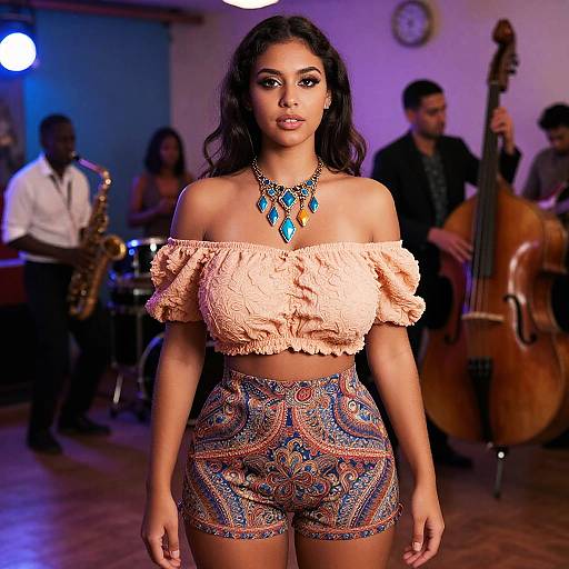 Hourglass Woman in Vibrant Jazz Dance Hall