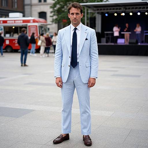 Photograph of a handsome man in a crisp white suit, navy tie, and brown shoes, standing confidently in a bustling city square with a red bus
