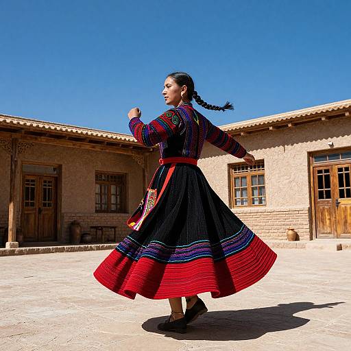 Photograph of a woman in a colorful, traditional, long skirt and embroidered top, dancing in a bright, sunlit courtyard with adobe buildings.