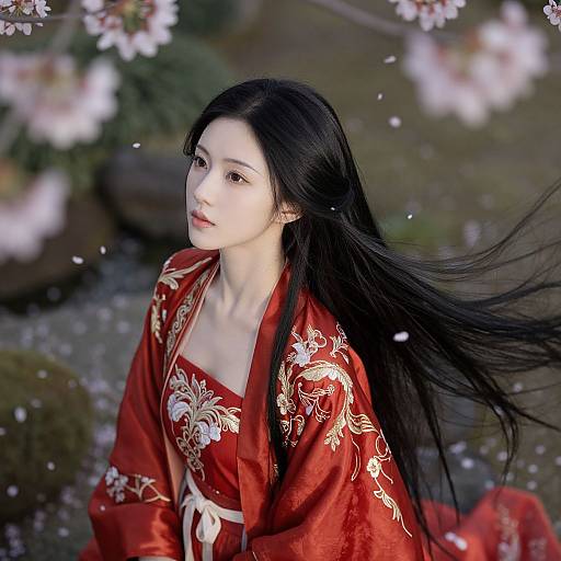 Digital artwork of a beautiful Asian woman with long black hair, wearing a red kimono with gold floral patterns, surrounded by cherry blossoms. Her expression