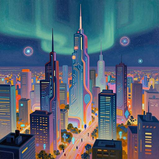 Digital artwork of a futuristic cityscape at night, featuring neon-lit skyscrapers, aurora borealis, floating circular lights, and glowing streets
