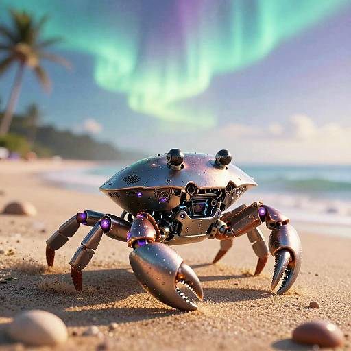Cyberpunk Mech Crab on Holographic Beach