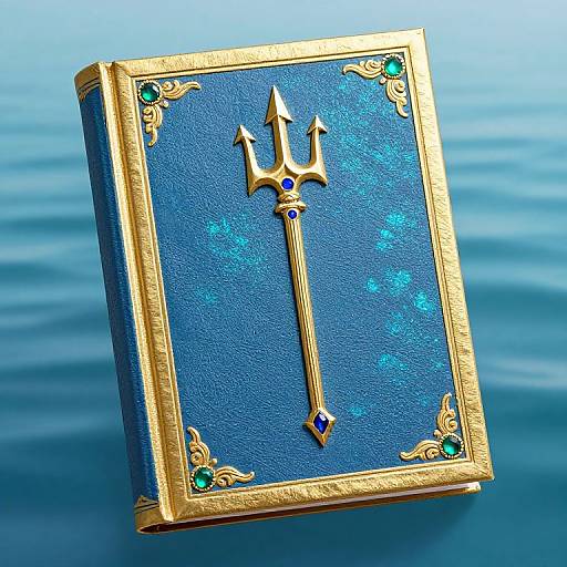 Digital artwork of a blue, textured book with gold trim, featuring a golden trident symbol, adorned with emerald jewels, floating on blue water.